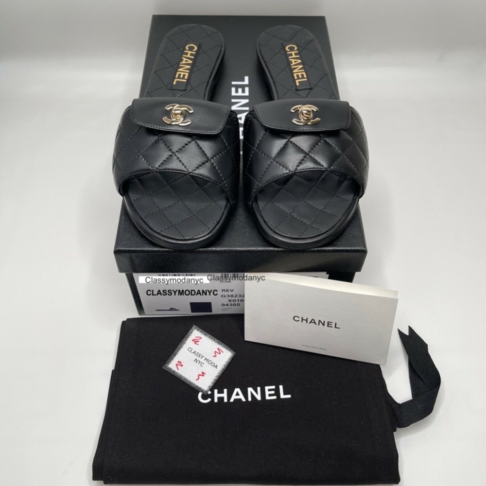 Chanel NIB Black Slides Turnlock Gold CC Logo Quilted Slide Flat Flop Sandals - Picture 12 of 12